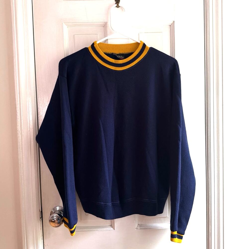 Vintage Sterling Navy Blue & Gold Striped Collar Crewneck Sweatshirt